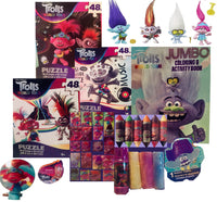 Bundle-14 Piece Trolls Themed Set.-Puzzles, Figurines Coloring Book with Crayons, Night Light