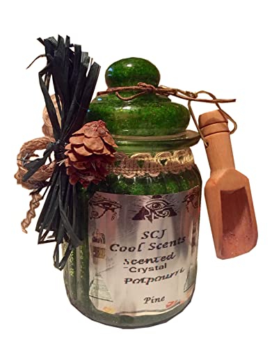 Scented Sand Crystals-Pine Scented Crystal Fragranced Sand Potpourri in Decorated Airtight Glass Decanter with Wooden Scoop