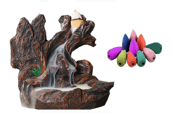 Backflow-Mountain Smokey Waterfall Backflow Incense Burner  With 10 Fragrant Incense Cones Lily, Rose, Asmanthus, Lavender & Ocean Scents