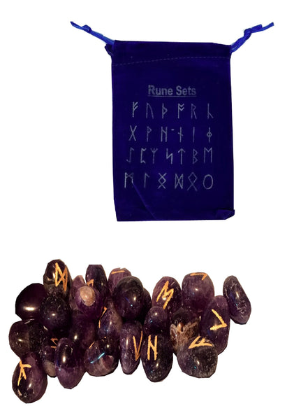 RUNES-Polished 25 Piece Amethyst Gemstone Rune Set / Engraved With Velvet Pouch