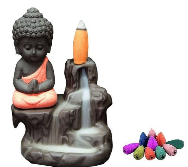 Backflow Incense Burner Buddha Waterfall in Lotus Position Included 10 Fragrant Incense Cones -Lily- Lavender- Asmanthus- Ocean & Rose Scents