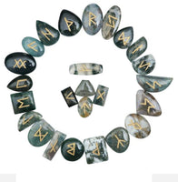 RUNES-25 Pcs Moss Agate Gemstone Runes Set with Velvet Pouch