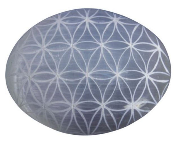 PALM-Selenite Crystal Palm Massage Stone-With Etched FLOWER OF LIFE