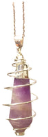 PENDANT-Diamond Shaped Wire Wrapped Genuine Amethyst Gemstone Pendant on Sterling Silver Chain